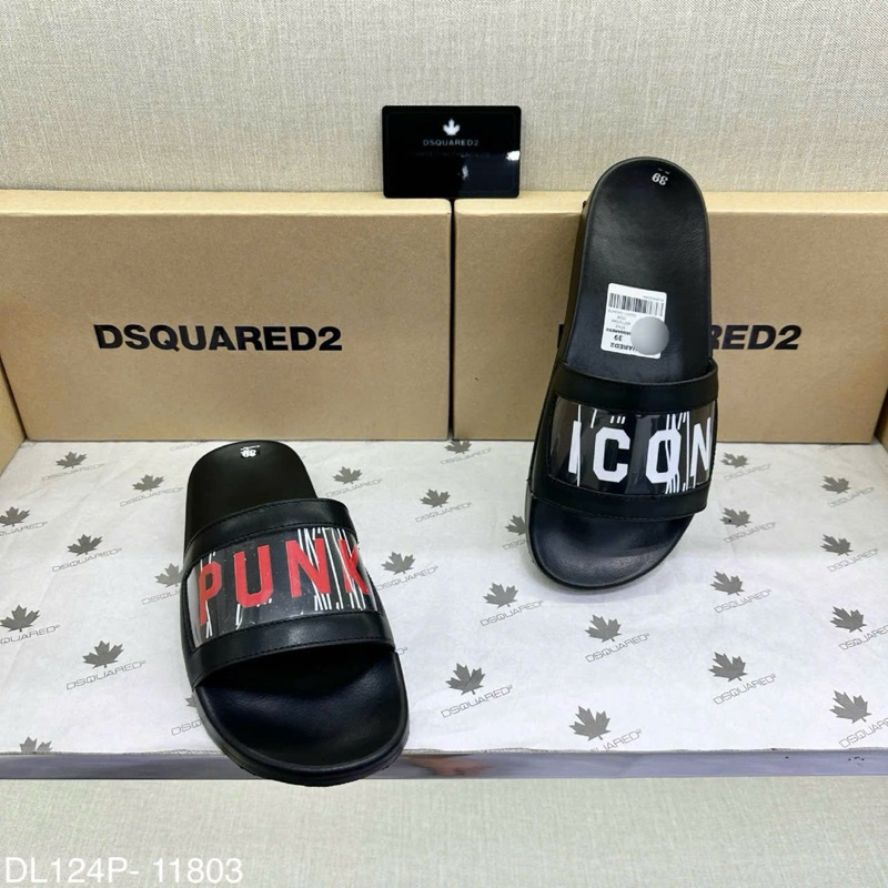 Dép quai ngang nam D2 da thêu vạch chữ Punk Icon đỏ bọc nhựa đế đúc nổi vân DL124P