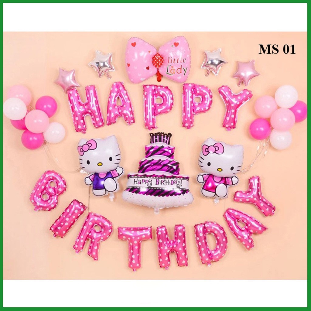 Set Bóng Happy Birthday Hình Hello Kitty (Tặng bơm + băng dính)