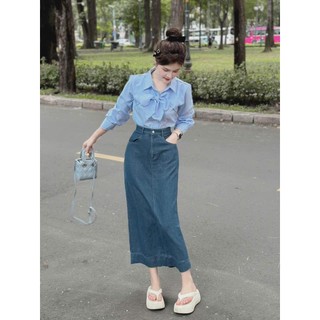  Set bộ thời trang nữ mặc đi chơi chất áo kate cổ sơ mi tay dài phối nơ ngực váy jean cứng dáng maxi siêu xinh 