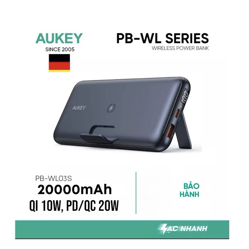 Pin sạc dự phòng không dây Aukey PB-WL03S dung lượng 20.000mAh sạc nhanh PD 20w