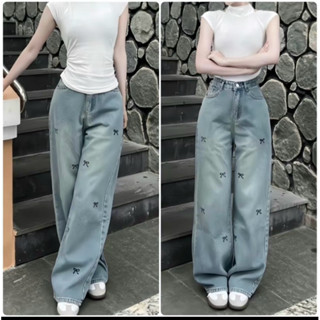 Quần jean nữ ống rộng dáng dài thêu nơ đen cao cấp - Jean M7