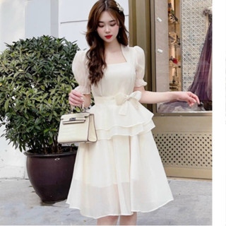 *Đầm thời trang nữ mặc đi dự tiệc chất tơ cổ vuông tay ngắn nơ eo váy chữ A dáng váy xoè nhiều tầng dáng maxi