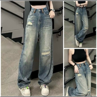 Quần jean ống suông rộng dáng dài wash rách gối phối đai nâu - Jean m7