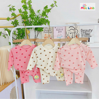 Bộ dài tay bé gái in hình trái tim, đồ bộ thu đông dài tay cho bé gái vải thun tăm mềm mịn