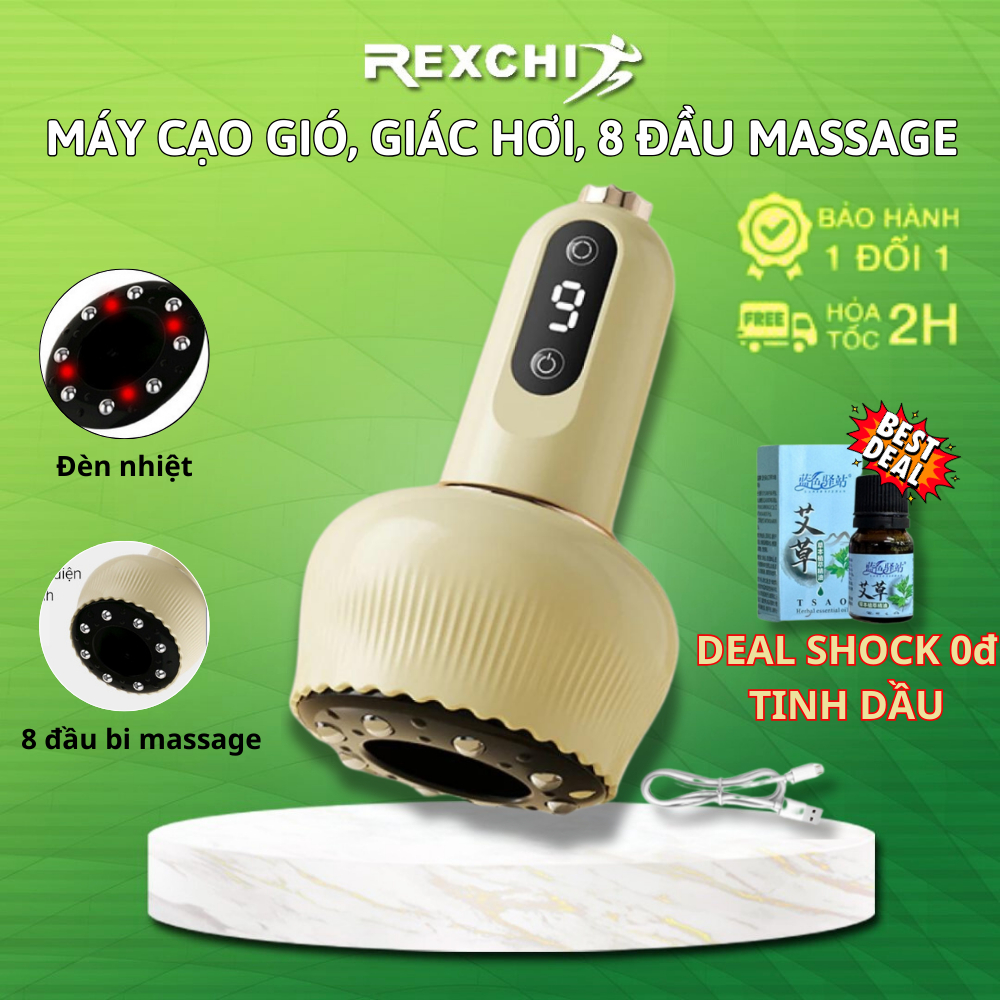 Máy giác hơi cầm tay Rexchi bản nâng cấp, mát xa chườm ấm hồng ngoại, cạo gió với 8 đầu massage - tặng tinh dầu massage