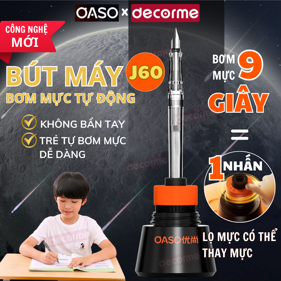 Bút Máy Bơm Mực Tự Động J60 Decorme Bút Viết Nét Thanh Đậm Bút Luyện Viết Chữ Đẹp Mực Xanh Than