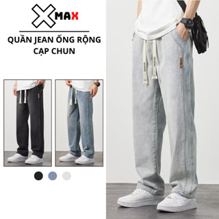 Quần jean nam ống rộng lưng cao MAXSTORE Quần bò nam cạp chun bản to có dây rút phá cách B109
