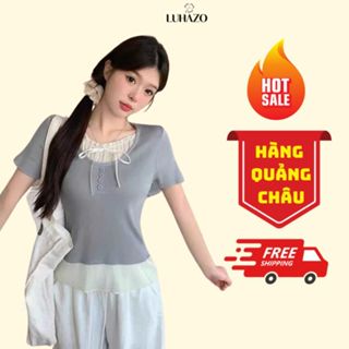 Áo thun nữ len LUHAZO dệt kim kiểu cộc tay dáng ngắn phối bèo nơ phối ren cho nữ tiểu thư nhẹ nhàng xinh xắn L95 HL-1.3