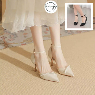Giày cao gót mũi nhọn đính ngọc 7P, 9P Chất lụa đế nhọn hở eo tiểu thư sang chảnh Kimngan_KN09