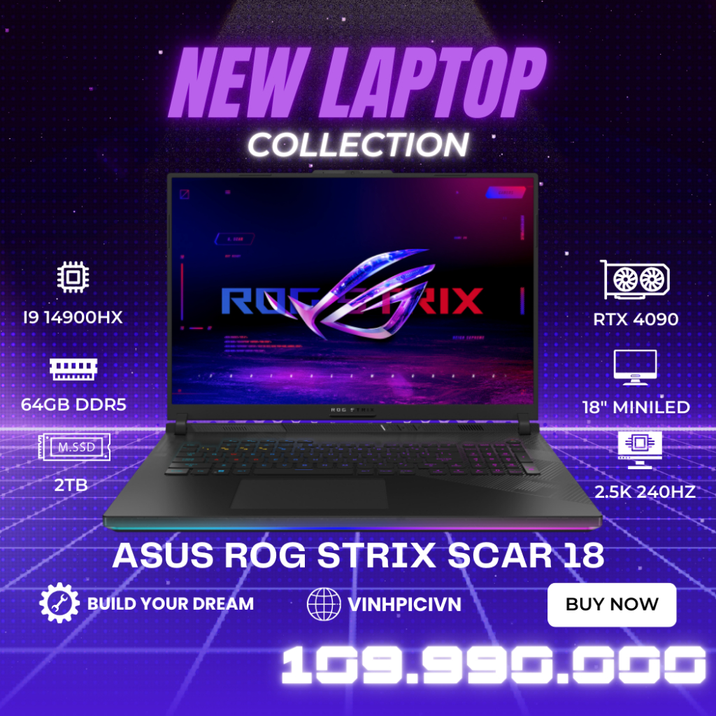 Laptop Asus ROG Strix Scar 18 2024 G834 (i9-14900HX/ RTX 4090/ Ram 64GB/ SSD 2TB/ 18" 2.5K MiniLED 240Hz)