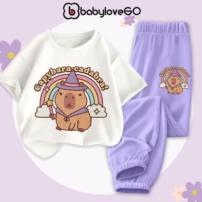 Bộ quần áo bé gái BabyloveGO bộ đồ áo thun quần dài cho bé in hình Capybara cute dễ thương BCAP11