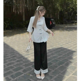 Set bộ áo bà ba đi chùa thời trang nữ chất tuyết nhung cổ tàu đính nút thắt nơ tay lững quần dài lưng thun ống rộng maxi