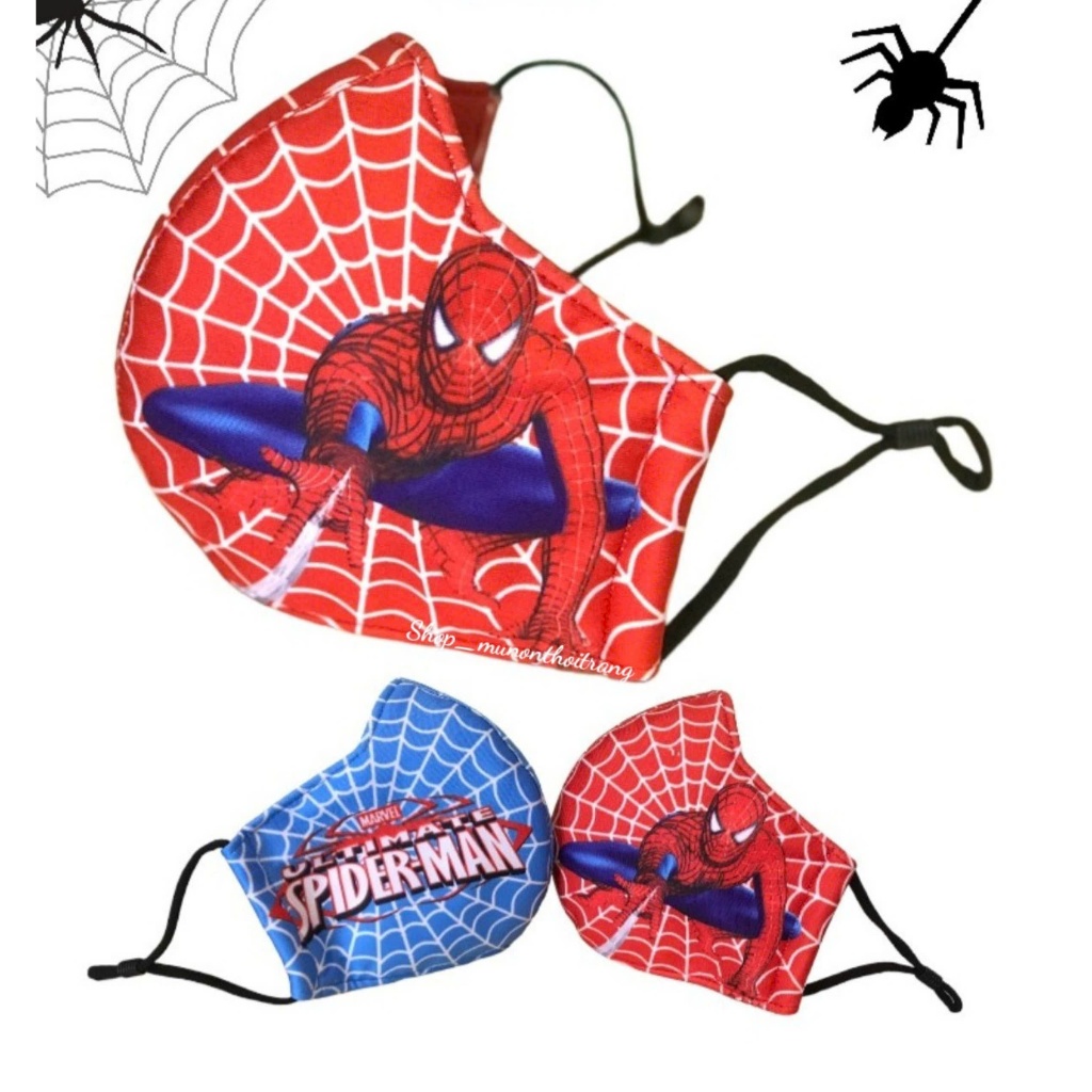 Khẩu trang vải người nhện cho bé trai có dây rút điều chỉnh màu xanh và đỏ