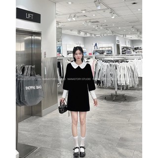  METWO. - Váy nhung suông đen ngắn babydoll cổ sen pha trắng dáng A phối tay bồng 2 lớp ulzzang tiểu thư Hàn Quốc 
