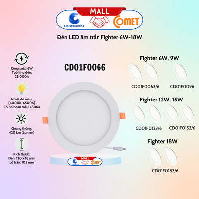 [HỎA TỐC] Đèn Led Downlight tròn âm trần dòng Fighter 6W,9W,12W,15W,18W Comet - 100% chính hãng