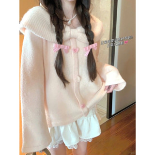 Áo len cardigan nữ, áo len trễ vai ,cổ nơ dài tay màu hồng baby ngọt ngào