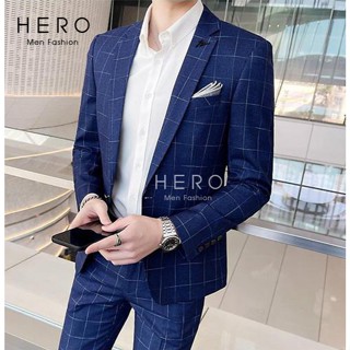Bộ Vest Nam Cao Cấp kẻ caro màu Xanh, Bộ Suit Nam Hàn Quốc Vải Sịn, Quần Tăng Chỉnh Vòng Bụng