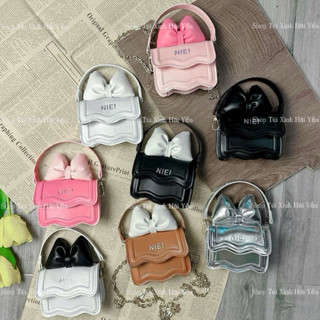túi mini đeo chéo cầm tay phối nơ nhỏ in chữ NIE bạc siêu cute dễ thương kiểu dáng hàn quốc cho mẹ và bé