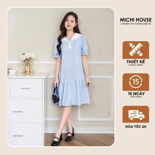 Đầm Suông MICHI House Váy Xuông Đuôi Cá Cổ Thủy Thủ Kẻ Xanh Dáng Dài Đến Gối Bigsize V751