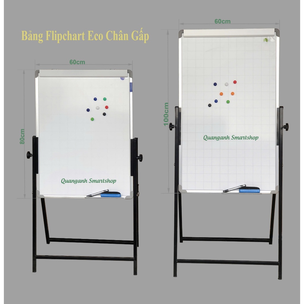 Bảng từ trắng có chân, bảng kẹp giấy, Bảng Flipchart chân gấp Eco (kèm quà tặng) KT từ 60x80 cm