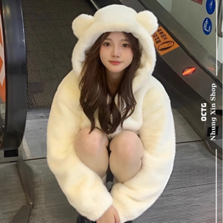 Áo khoác lông thỏ có mũ TAI GẤU dày dặn rộng thụng siêu xinh hàng QC loại 1