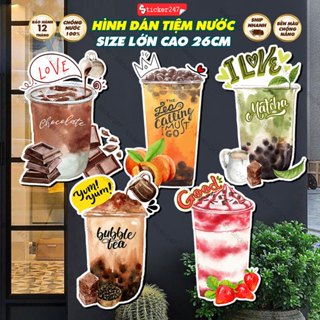 Hình Dán Ly Trà Sữa, Trà Đào, Matcha, Dâu 🌈Freeship Tranh Dán Trang Trí Quán Trà Sữa, Quán Nước, Cà Phê Chống Nước