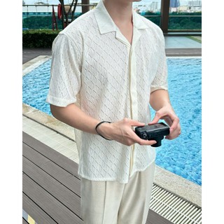 Áo cuban dáng suông chất lưới thoáng mát [Kato Collar Shirt]