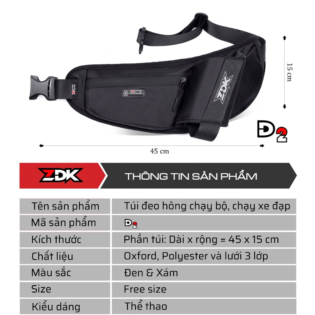 Túi thể dục - Túi chạy bộ thể thao ZDK D2 Sport Bag có chỗ treo bình nước đeo hông chạy bộ