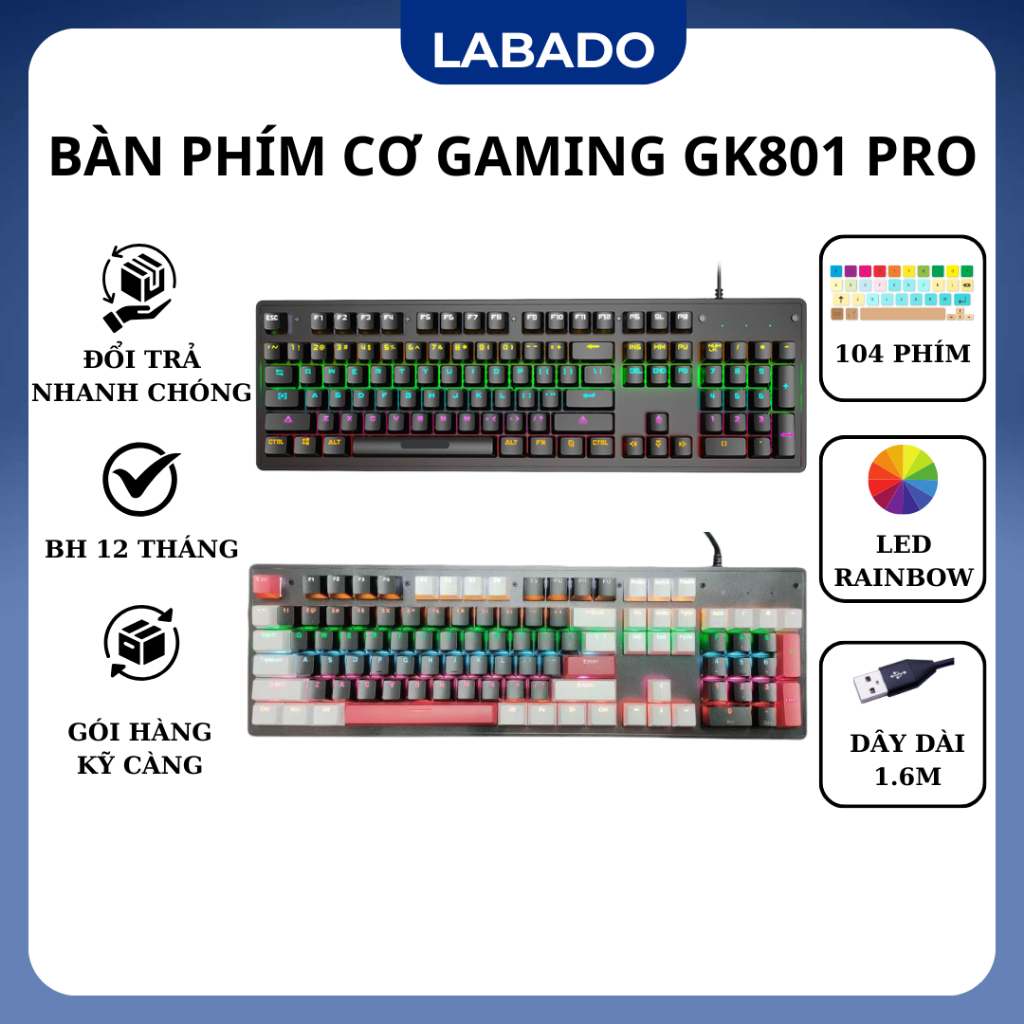 Bàn phím cơ có dây Gaming Led GK Pro, bàn phím máy tính laptop giá rẻ LABADO G801