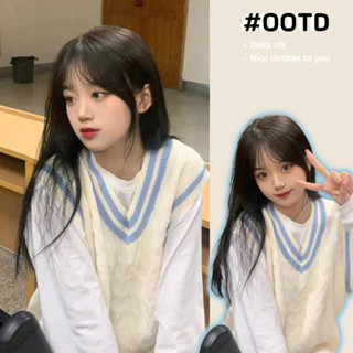 Áo gile nữ len dệt kim màu trắng cổ tròn viền xanh vặn thừng basic đi học đi chơi dễ thương hàng thu đông DELIZ
