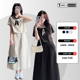 Set đồ nữ BIGSIZE áo cộc tay cổ phối vạt khăn thủy thủ kèm chân váy dáng dài xòe phong cách Hàn Quốc 187