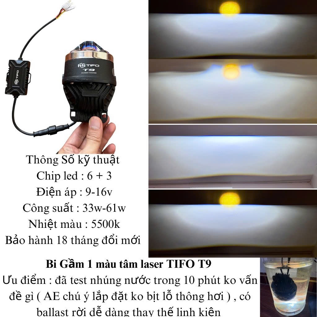 Bi gầm led ô tô [CHÍNH HÃNG] TIFO T9, bi led tâm laser màu 5500k