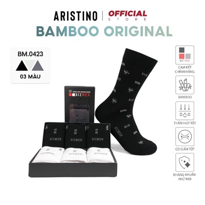 Hộp 3 Đôi Tất Nam ARISTINO Bizmen cổ cao công sở sợi Bamboo in hình, kháng khuẩn, khử mùi - BM0423