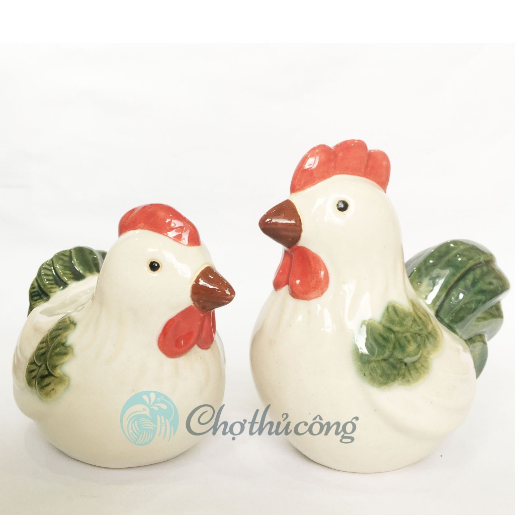 Gà gốm sứ tráng men trống / mái - Tượng gốm mộc mạc, xinh xắn trang trí, decor vintage, size lớn