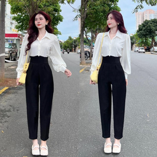 Quần tây nữ lưng cao đi học quần vải baggy cạp v siêu cao nữ mặc làm công sở khóa sau hông màu đen tuyết mưa co giãn nhẹ