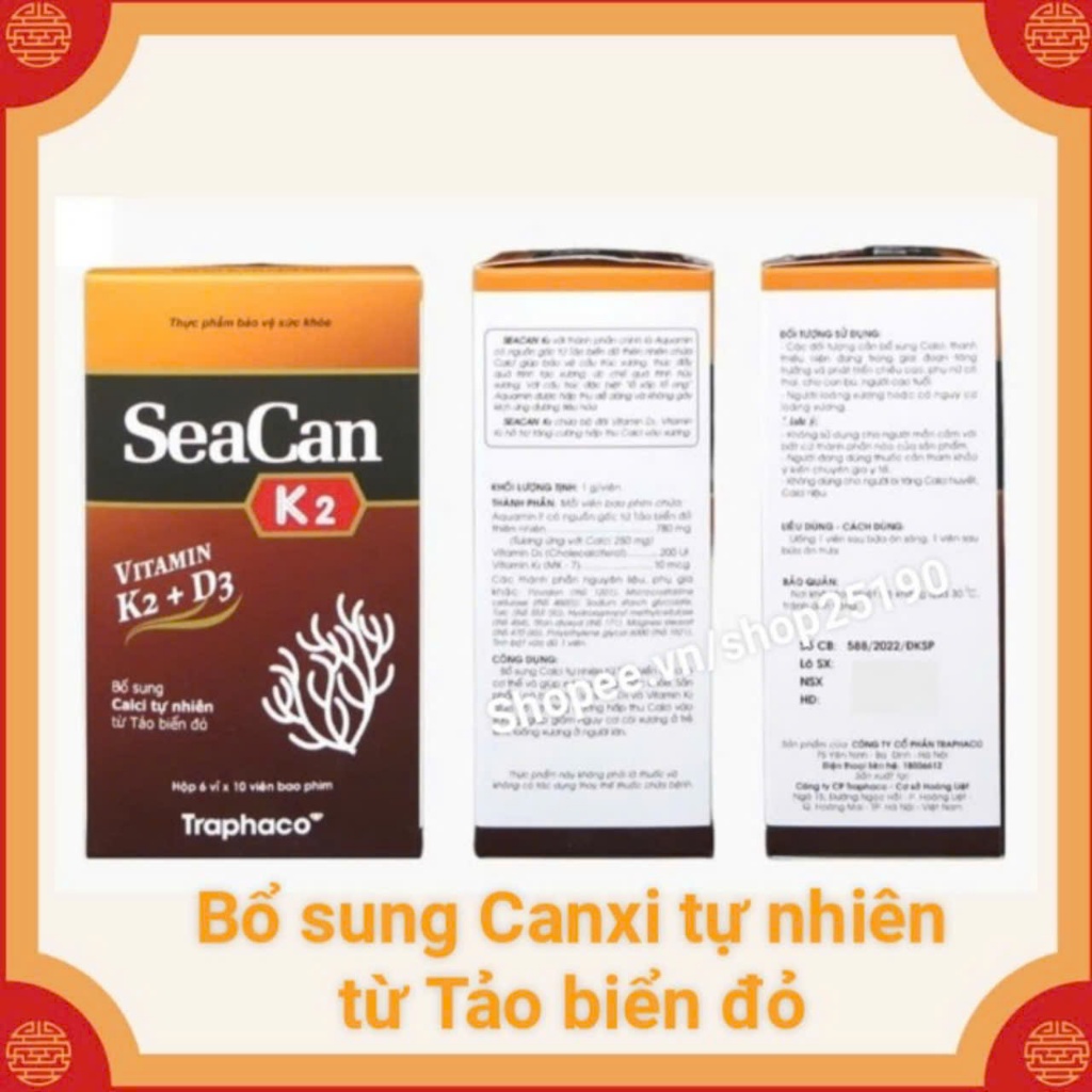 Canxi SeaCan K2 bổ Sung Canxi Từ Tảo Biển Đỏ, Vitamin D3 và K2, hộp 60 viên Sản phẩm của Traphaco