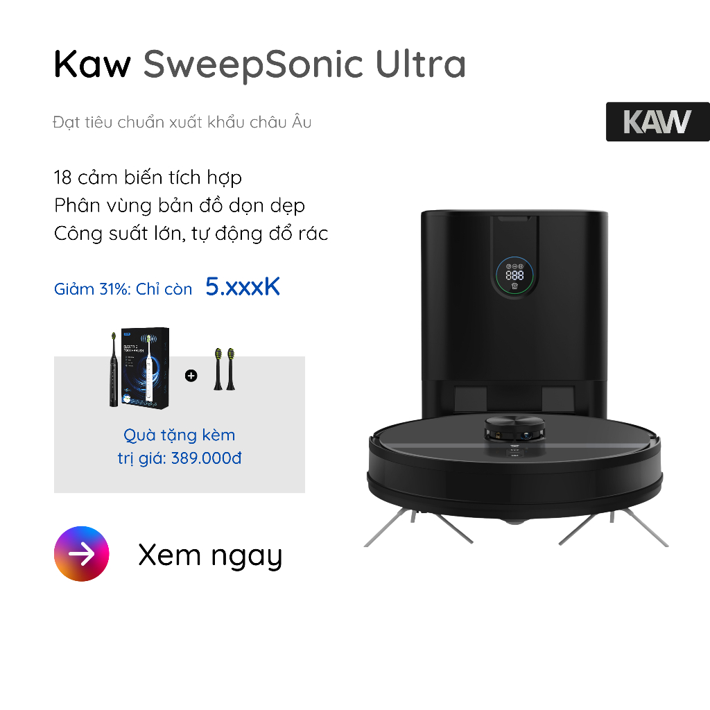 Robot hút bụi lau nhà SweepSonic Ultra - Lực Hút 4000w, Tự Động Đổ Rác, Vẽ Tường Ảo, 18 Cảm Biến...