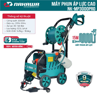 MÁY XỊT RỬA XE CHỈNH ÁP NAKAWA 3000W 165BAR 12.5L/MIN CÓ RULO XE ĐẨY TIỆN LỢI CHÍNH HÃNG NAKAWA NK-MP3000PRO