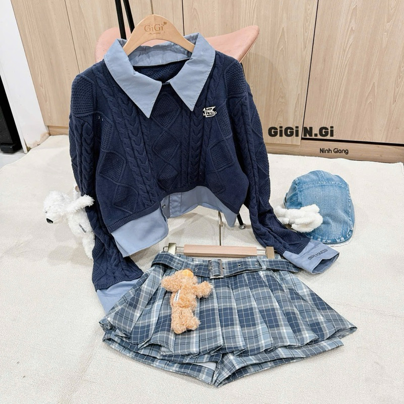 SET 13DE MARZO ÁO LEN PHỐI SƠ MI MIX CHÂN VÁY KẺ GẤU [HÀNG SẴN]