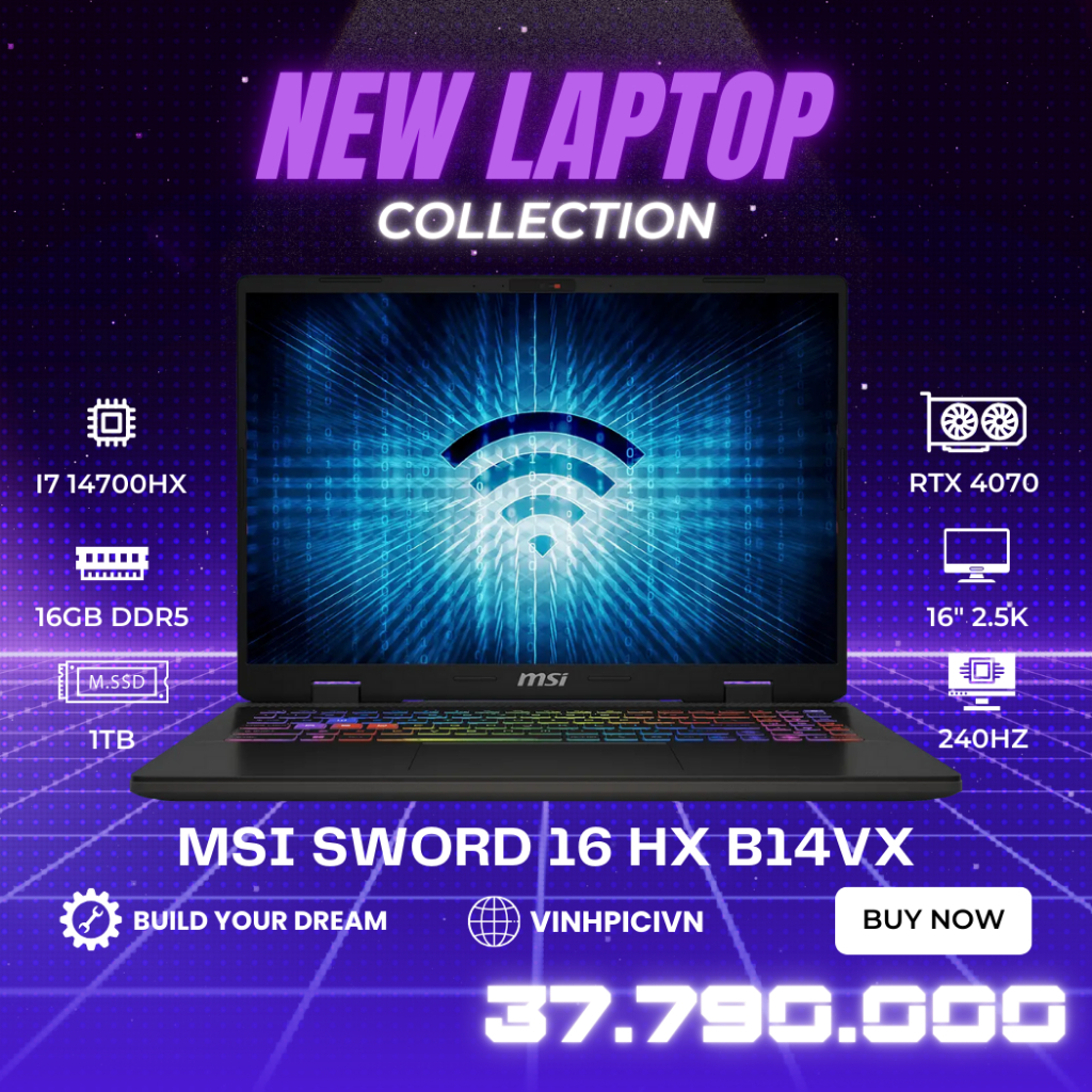 Laptop MSI Sword 16 HX B14VX (I7-14700HX/ RTX 4070/ Ram 16GB/ SSD 1TB/ 16" 2.5K 240Hz)