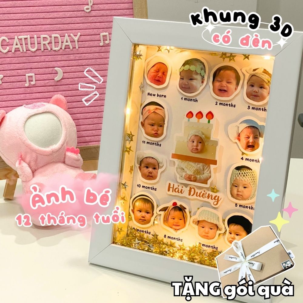 (TẶNG GÓI QUÀ SẴN) Khung 3D có Đèn in ảnh 12 tháng tuổi cho bé con, cực dễ thương DT5N