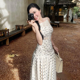 Đầm váy yếm chấm bi phối ren dáng maxi dúm eo thiết kế basic, Váy hai dây hở lưng chấm bi dáng dài TỰ MAY LẠI U1