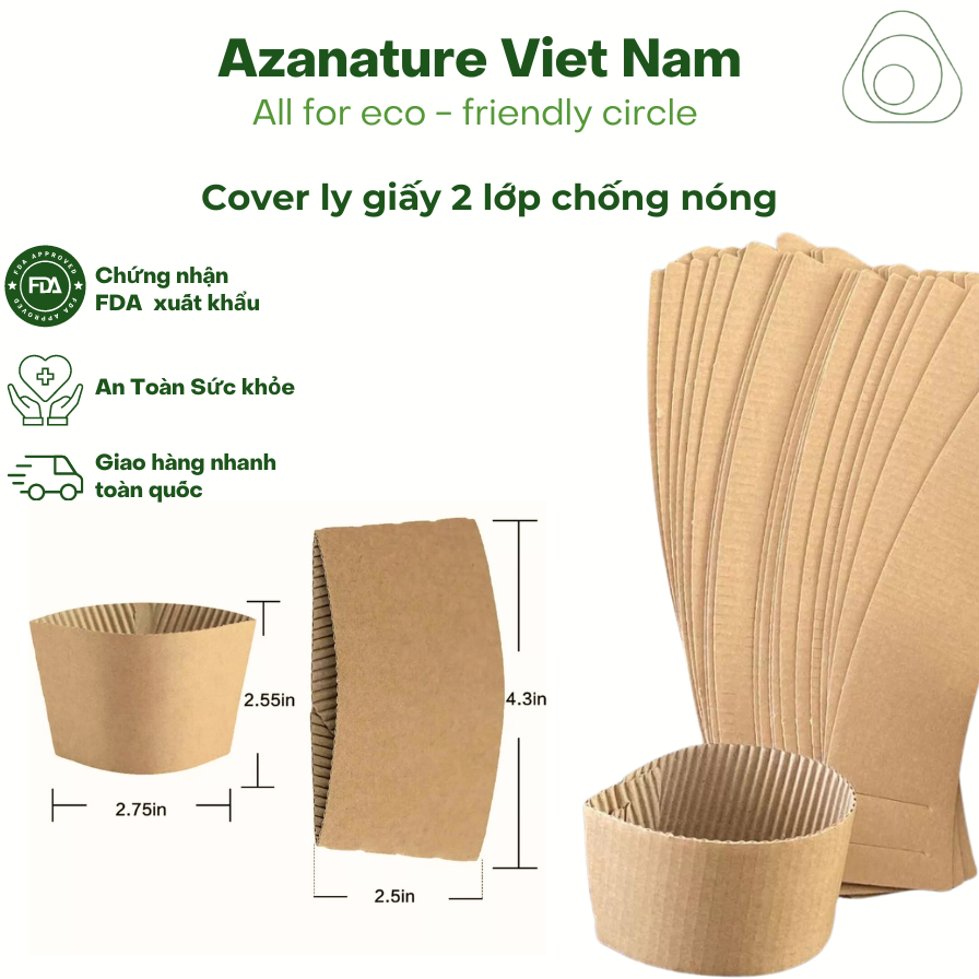 Thùng 1000 - Cover Ly giấy chống nóng, Tay Quai Ly Giấy chống nóng cà phê dùng 1 lần - ly 10oz, 120z