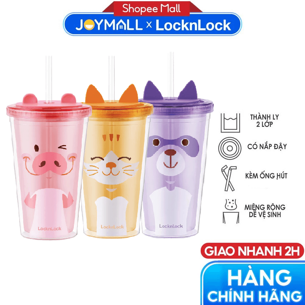 Ly nhựa 2 lớp LocknLock Double Wall HAP511 HAP512 520ml, Hàng chính hãng, họa tiết dễ thương, kèm ốn