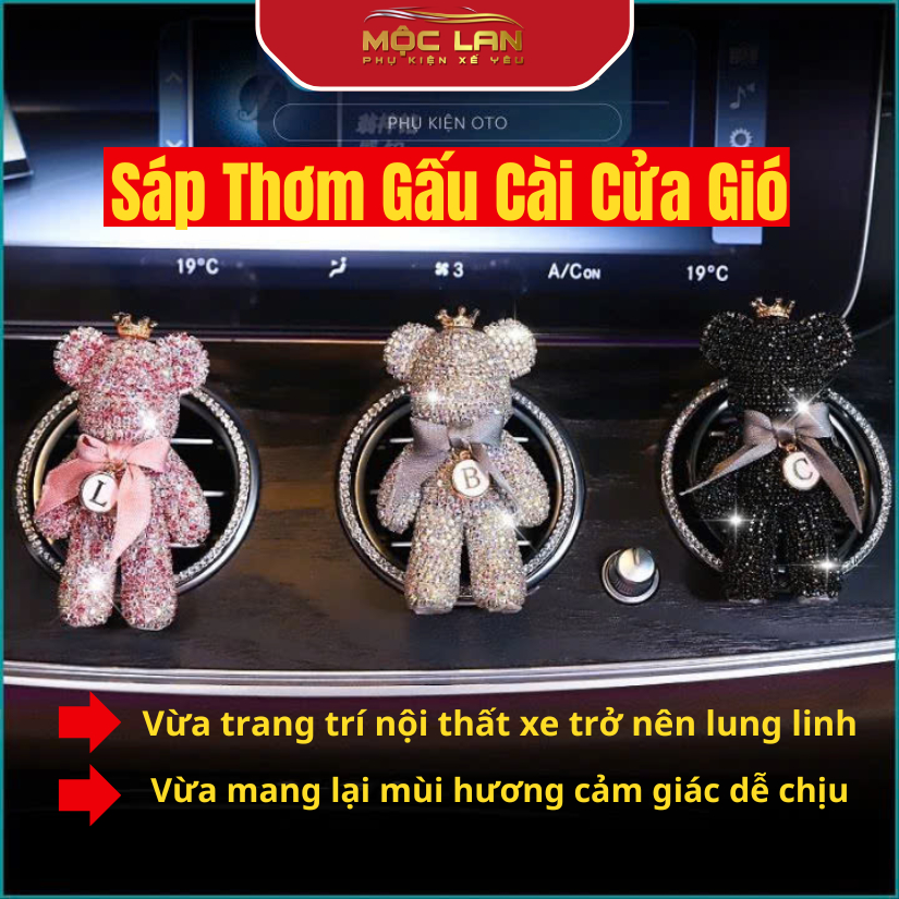 Sáp thơm cài cửa gió ô tô hình gấu Popobe đính đá phối nơ bản siêu cấp cực đẹp phụ kiện trang trí