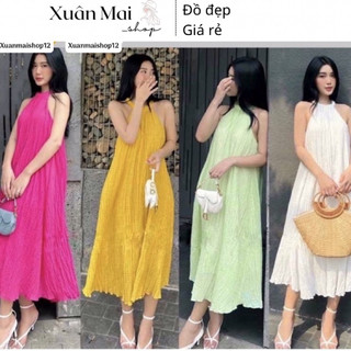 [FREESHIP] Đầm maxi đi biển cổ yếm đính ngọc vải xốp xịn 4 màu nổi bật
