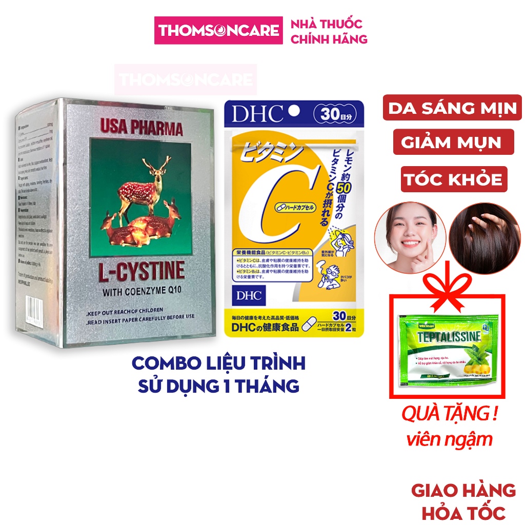 Combo trắng da Vitamin C DHC 60 viên và Lcystine 60 viên, giúp sáng mịn da, giảm thâm mụn, tóc chắc khỏe - Thomsoncare