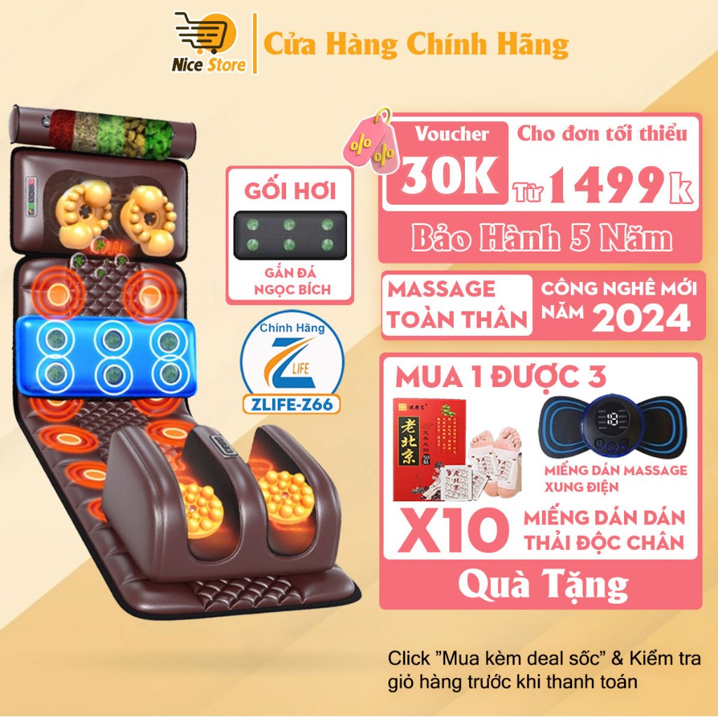 Đệm Massage Toàn Thân Zlife Z66 - Đệm Mát Xa Cổ Vai Gáy, Ngọc Bích Nhật Bản