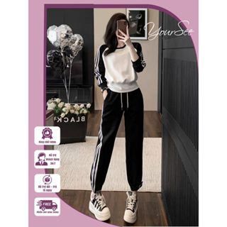 Set thun nữ dài tay phối sọc thể thao, bộ đồ nữ nỉ cotton phối sọc thể thao Yoursee hàng thiết kế chất umi