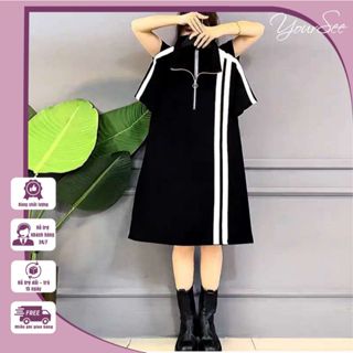 Váy polo dáng suông cổ khóa phối sọc trắng trẻ trung, đầm thun dáng dài phong cách Hàn Quốc, đầm suông phối khóa